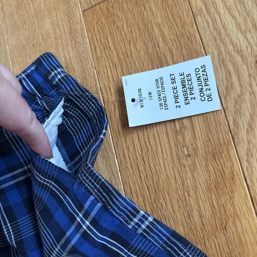 Nautica Infant Boys 2-Piece Blue/Black/White Plaid Shorts Heather Shirt Sz 12M